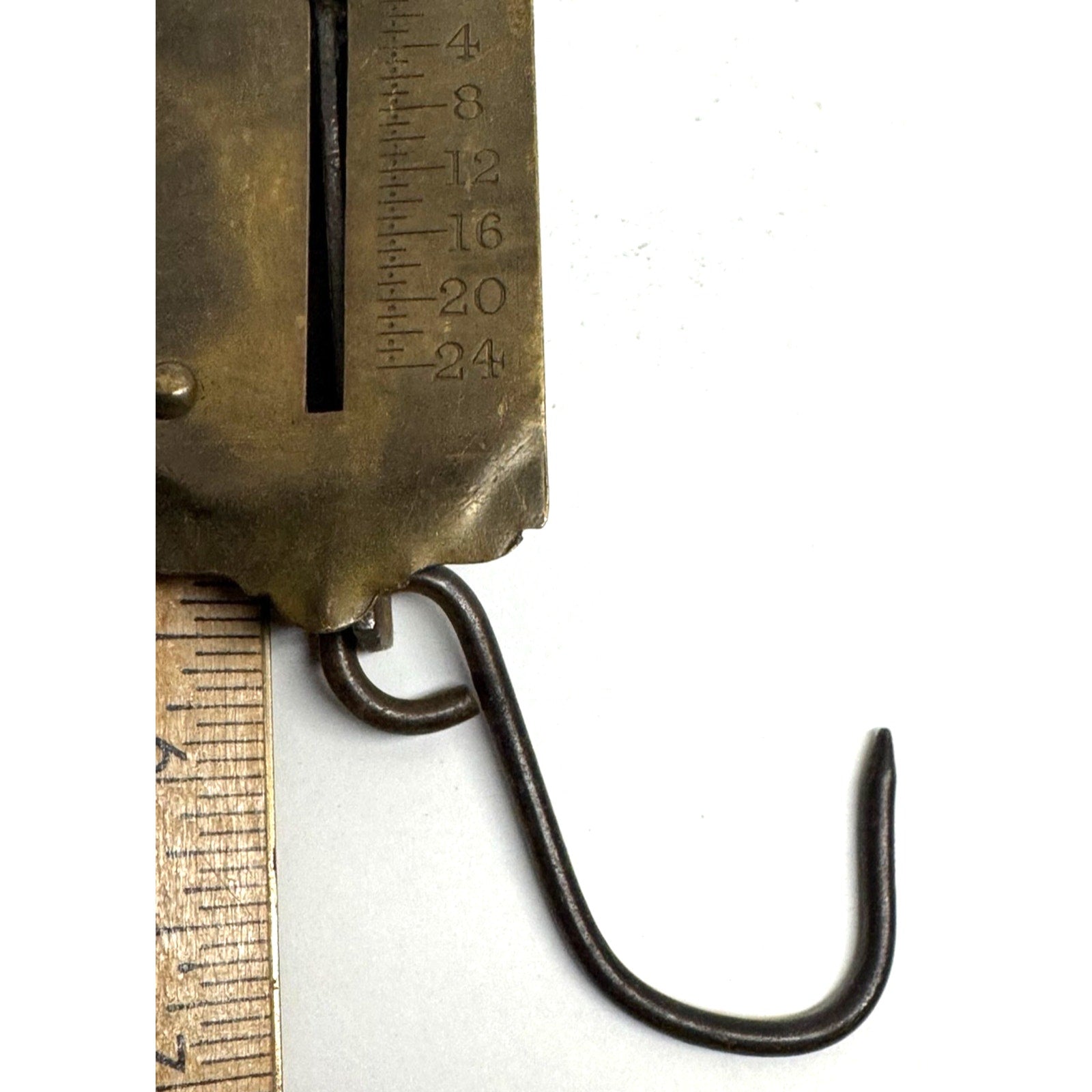 ANTIQUE MORTON'S BALANCE NO. 2 BRASS HANGING SCALE WEIGHS UP TO 24 POUNDS