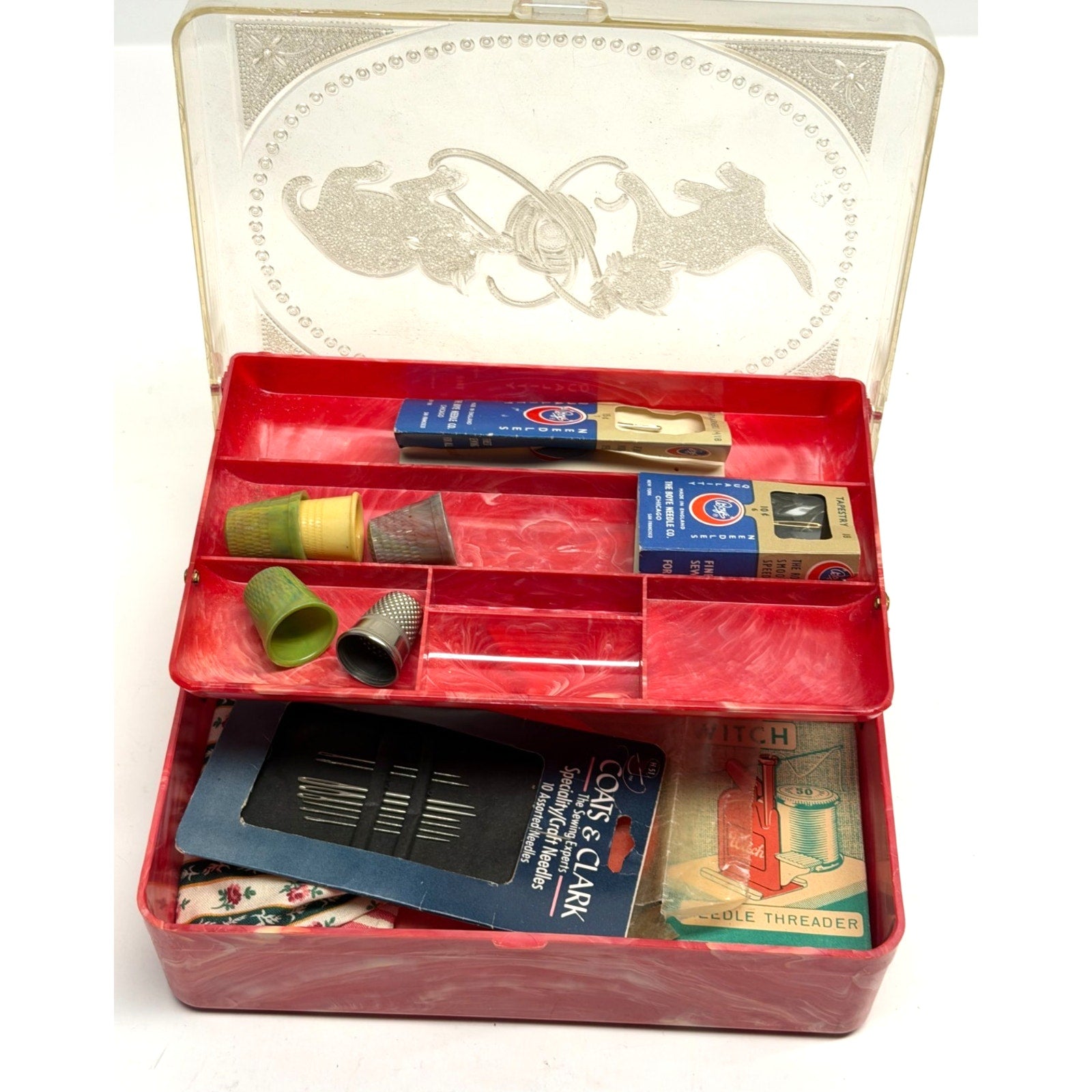 Vintage MCM Hommer Mfg Hard Plastic Marbled Sewing Box with Needles