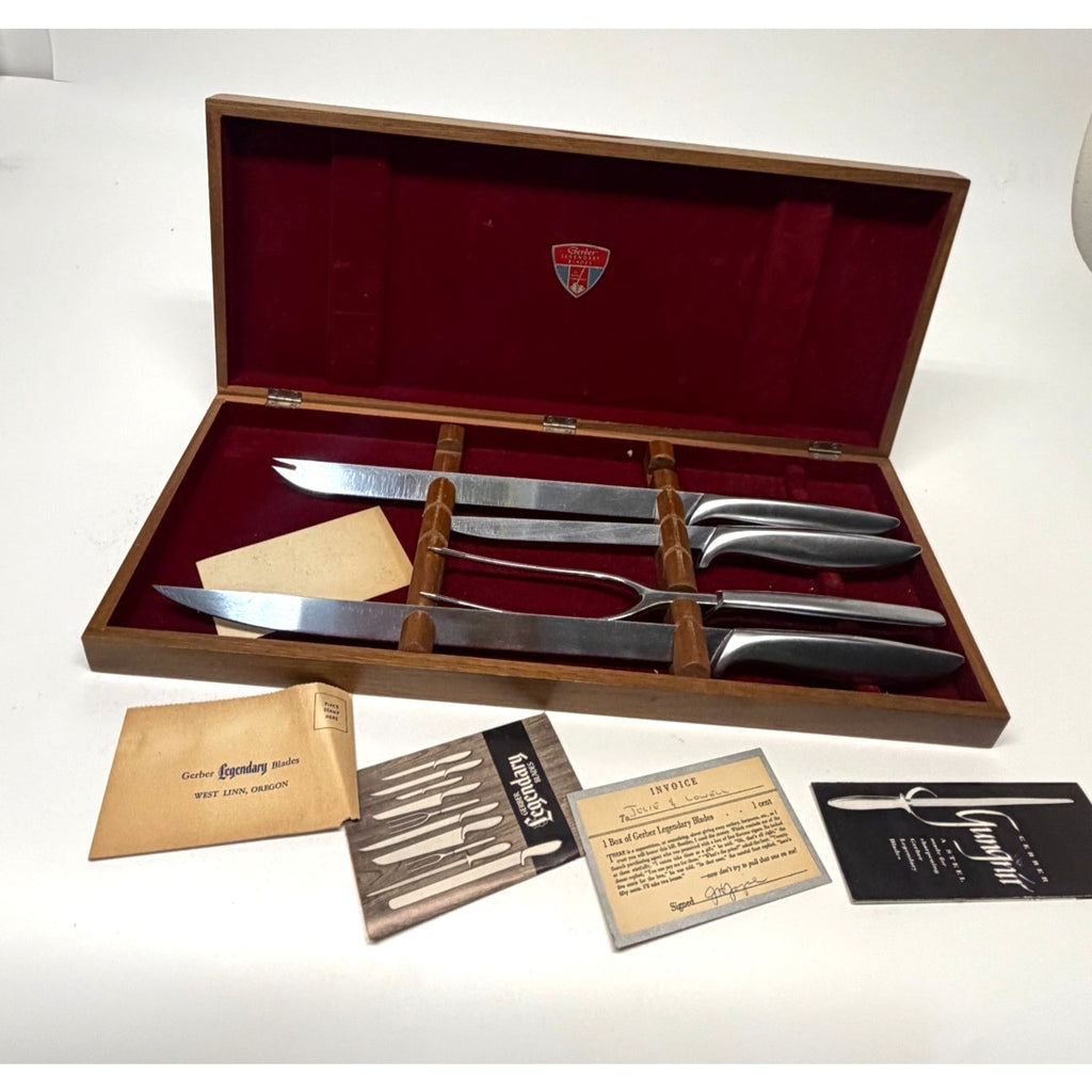Vintage Gerber Legendary Blades 4 Pc Carving Set w/Walnut Case