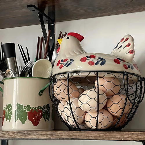 1Pc Farmhouse Hen-Shaped Ceramic Egg Baske -Ceramic Egg Holder with Lid,Rustic Kitchen Organizer for Fruits/Veggies