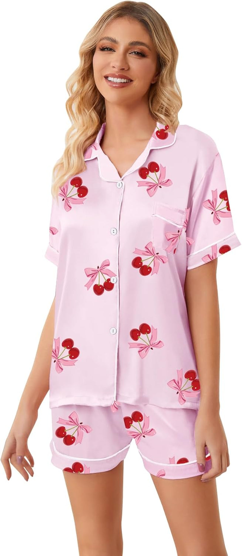 Women & Girls Pajamas Set, Soft Satin Lightweight Silk Button-Down Top with Shorts 2 Piece PJS for Mom Boys Kids Gifts