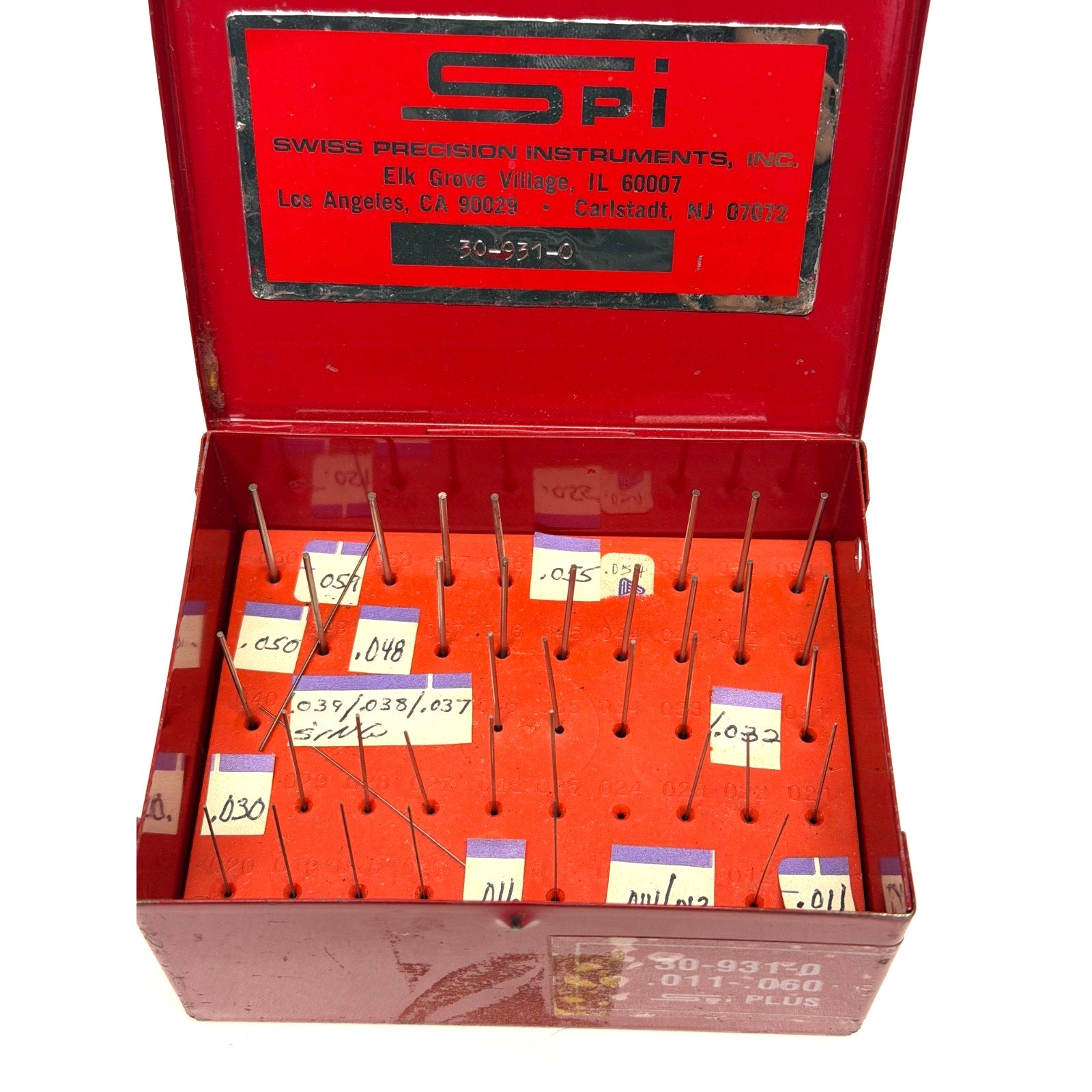 Vintage SPI 30-931-0 Red Metal Index Box Micro Drill Pins Incomplete