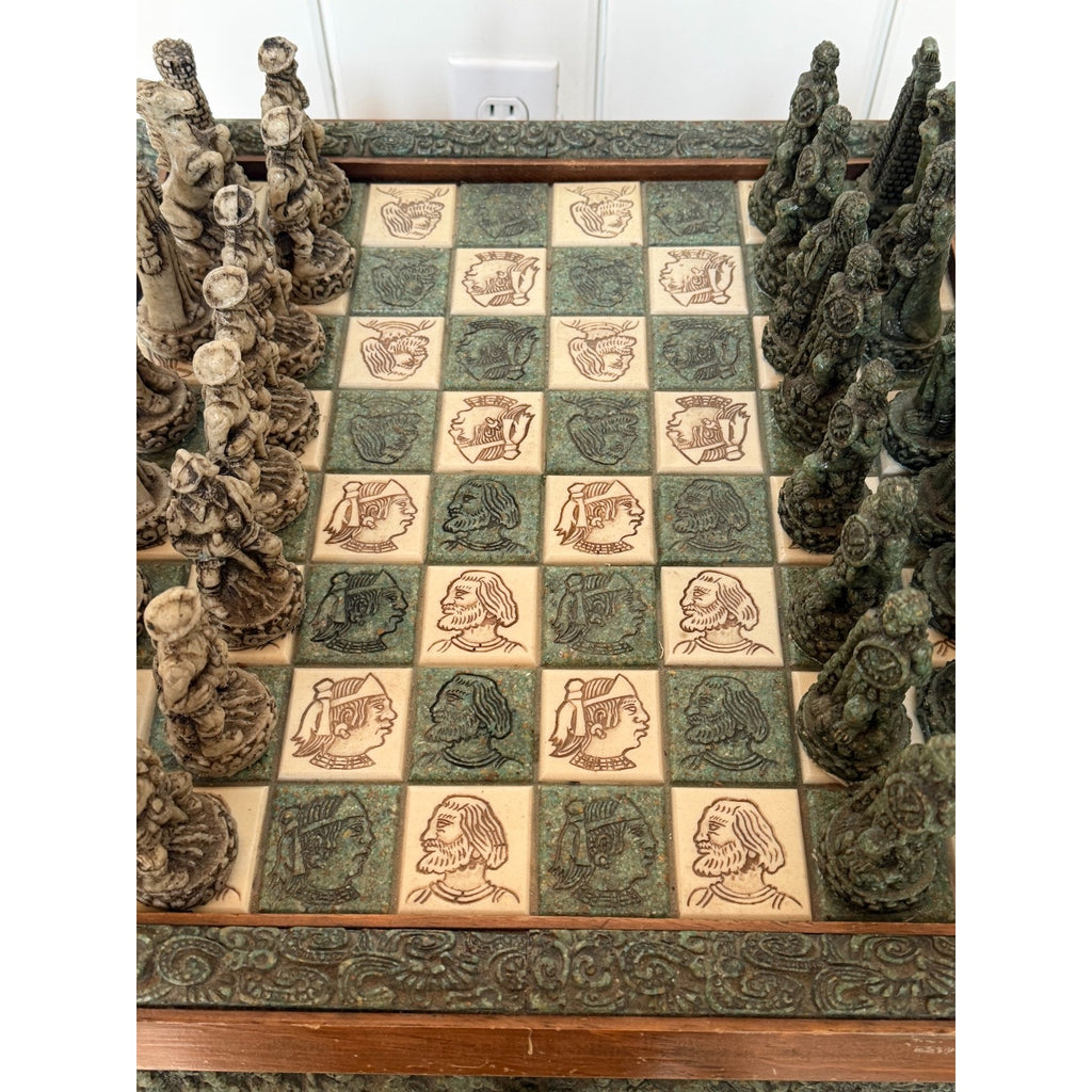 VINTAGE Aztec Mayan Dragon Chess Set Rare Collectible Green Chess Board & Pieces