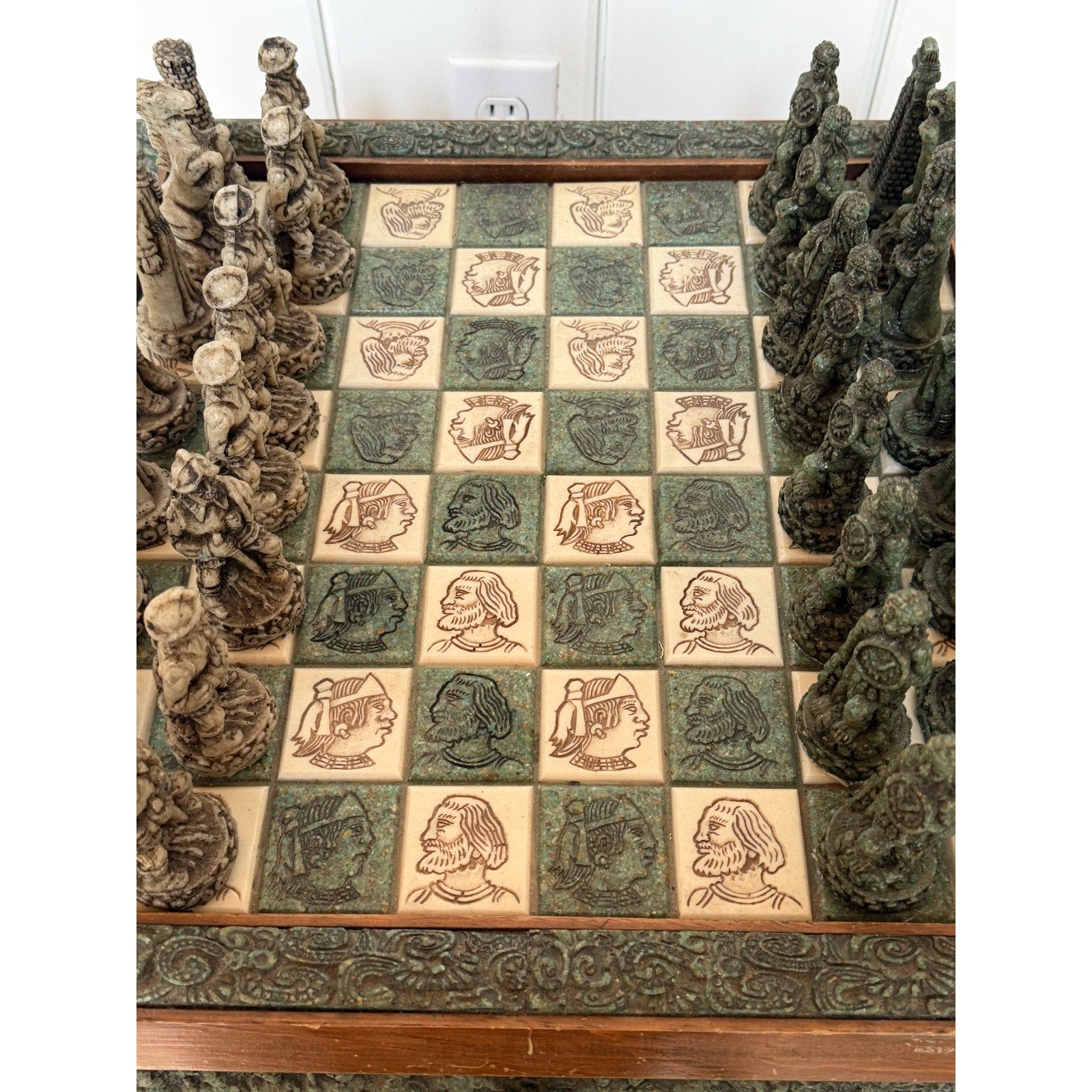 VINTAGE Aztec Mayan Dragon Chess Set Rare Collectible Green Chess Board & Pieces