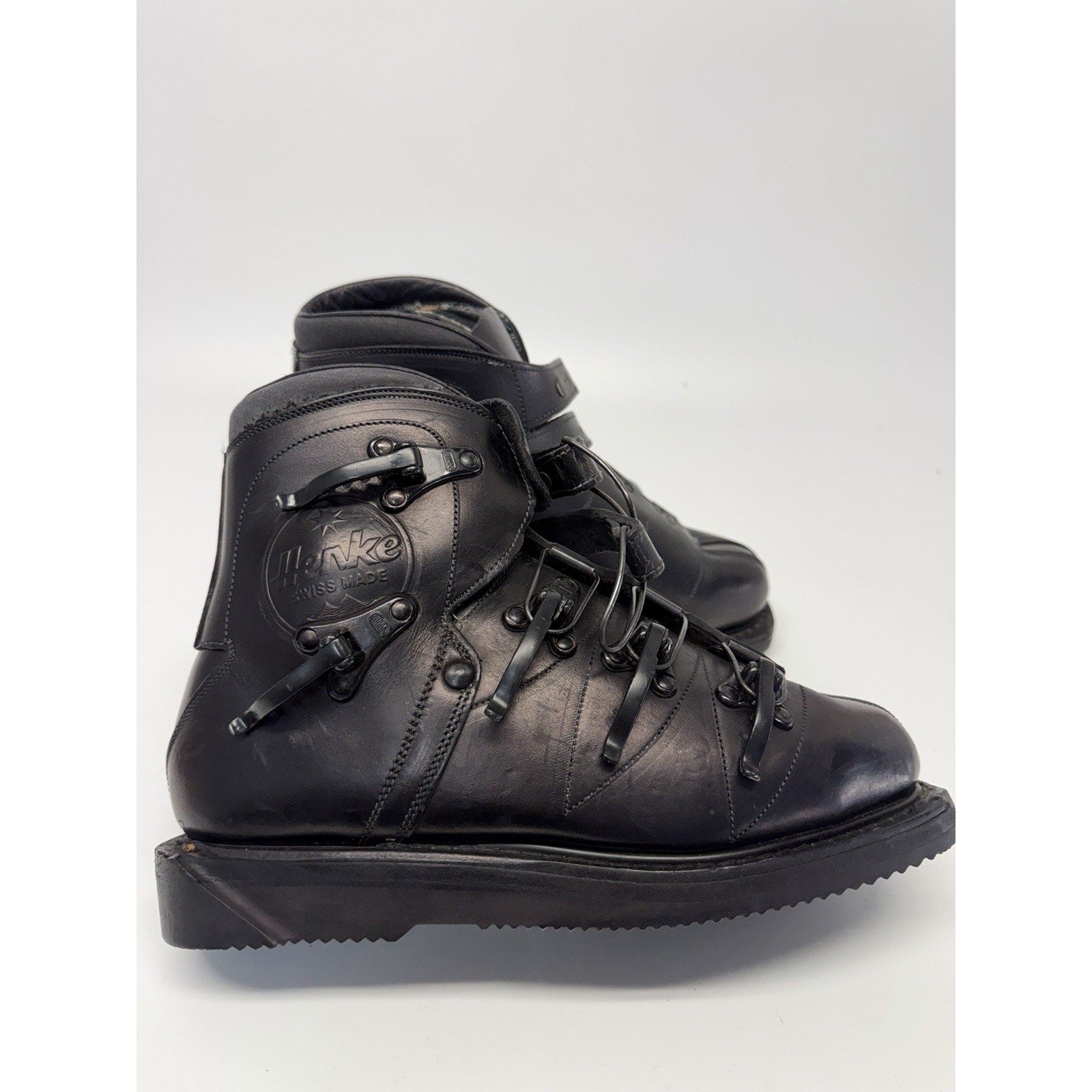 Vintage NOS Henke Switzerland Black Leather Ski Boots Size Appr 10.5