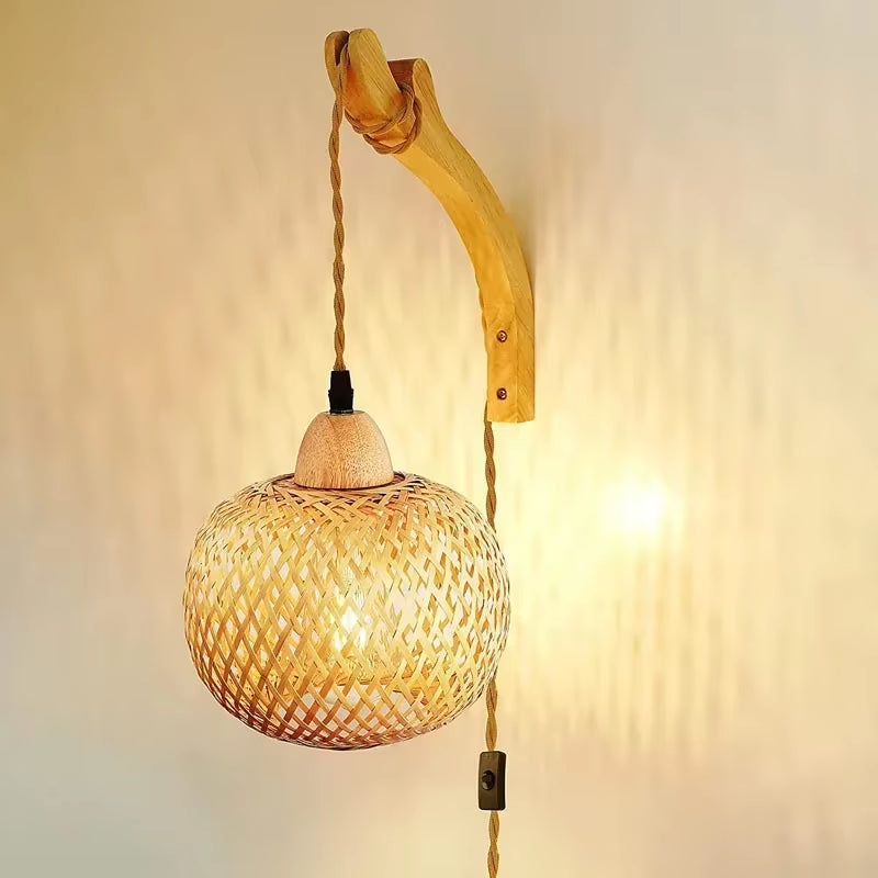 Bamboo Lantern Wall Lamp - Hand-Woven Natural Rattan Wicker E27 Chandeliers and Wall Light Fixtures for Elegant Room Decor