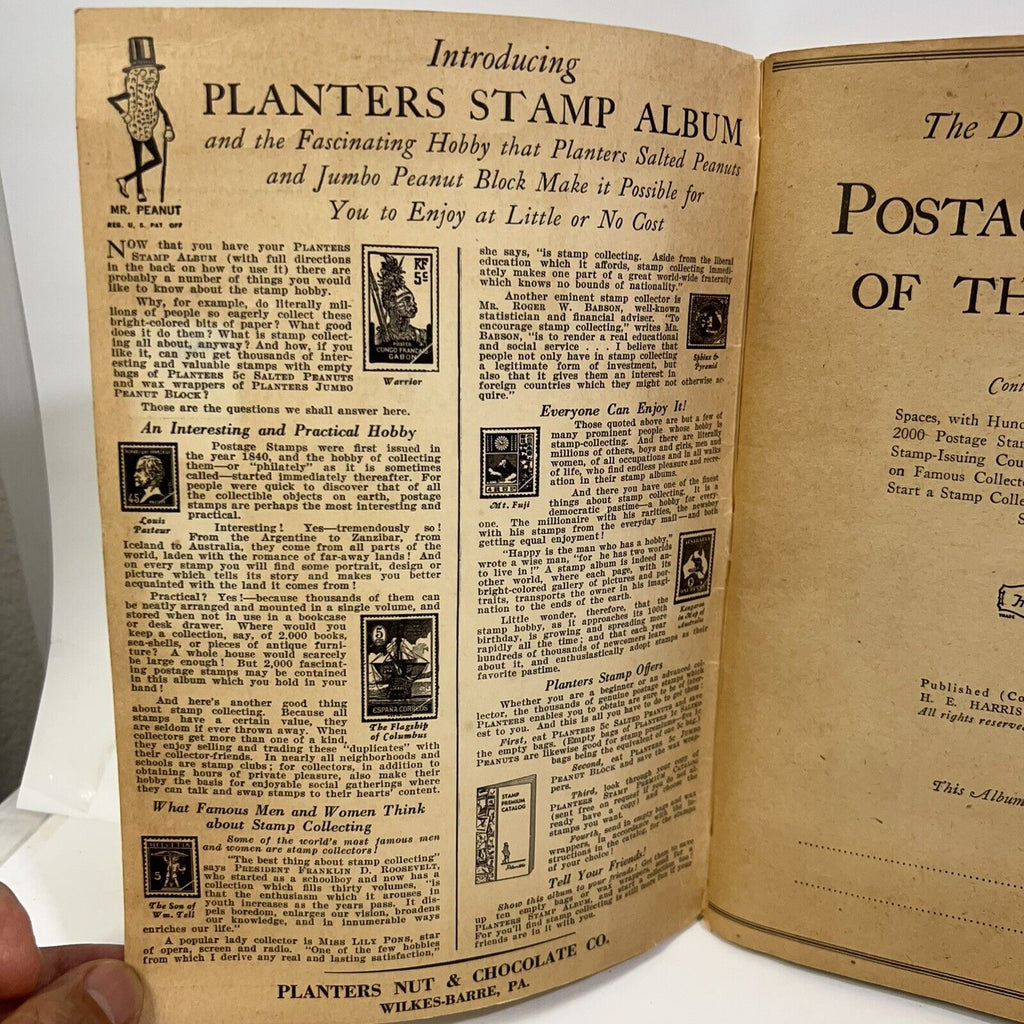 RARE VINTAGE PLANTERS PEANUTS MR. PEANUT POSTAGE STAMPS OF THE WORLD BOOK 1940S