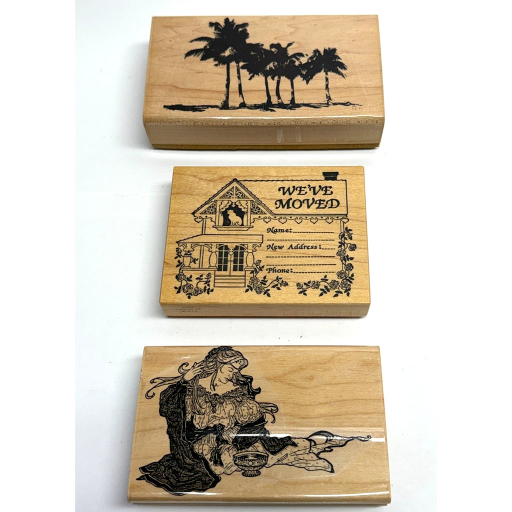 Vintage Lot Of 3 Wood Mounted Rubber Stamp Crafting