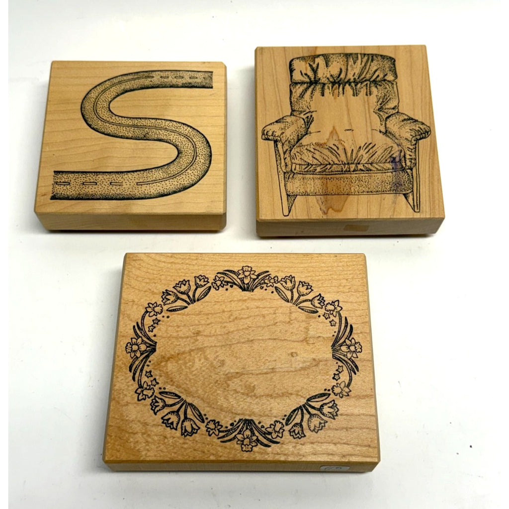 VINTAGE LOT of 3 Wood Mounted Rubber Stamps Road Chair Wreath Arts Crafts