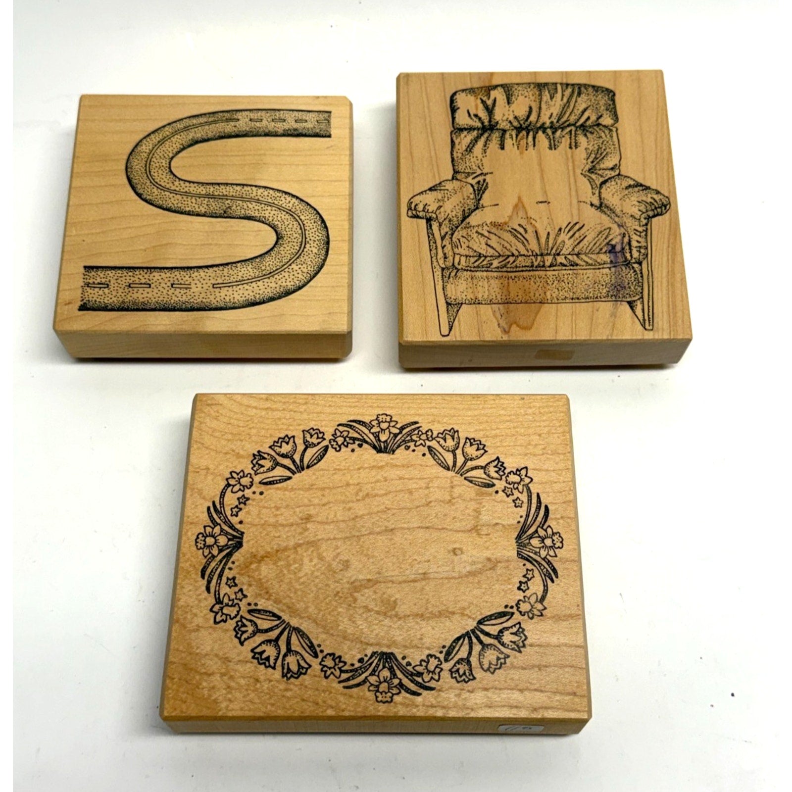 VINTAGE LOT of 3 Wood Mounted Rubber Stamps Road Chair Wreath Arts Crafts