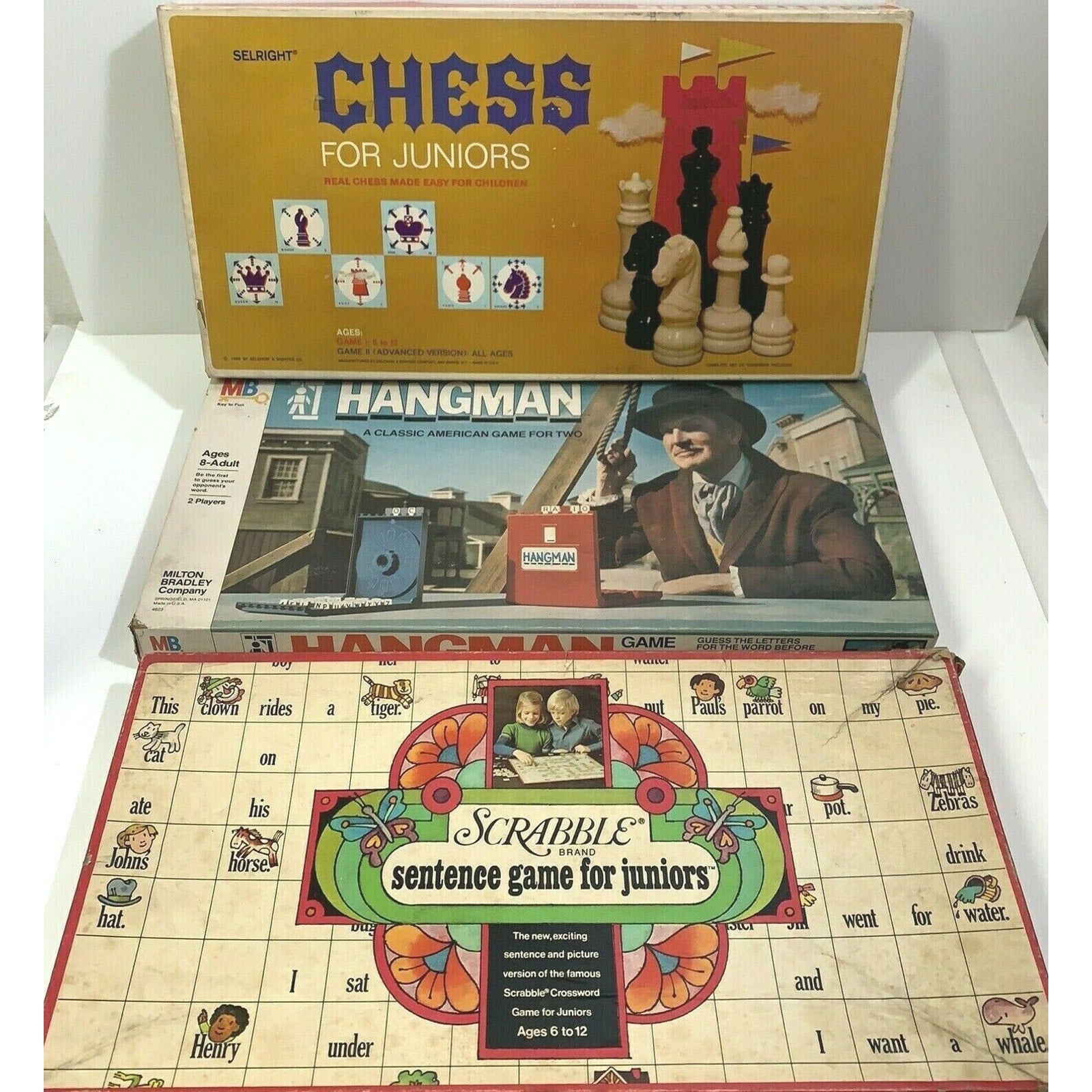 LOT OF 3 Vintage Hangman Board Game by Milton Bradley, Selright Chess, Scrabble