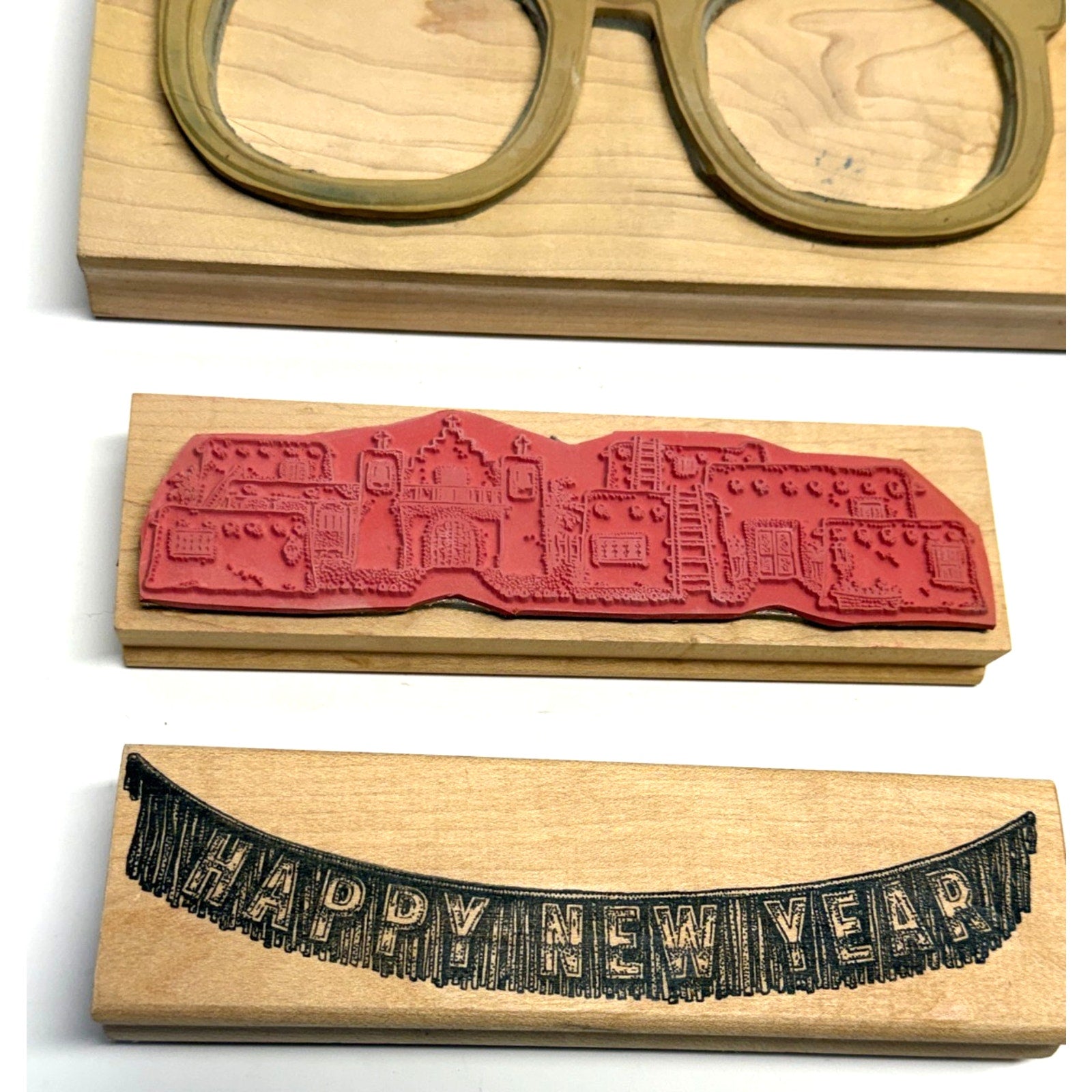 Vintage NOS Lot of 3 Wood Mounted Rubber Stamp Eyeglasses & Landscape