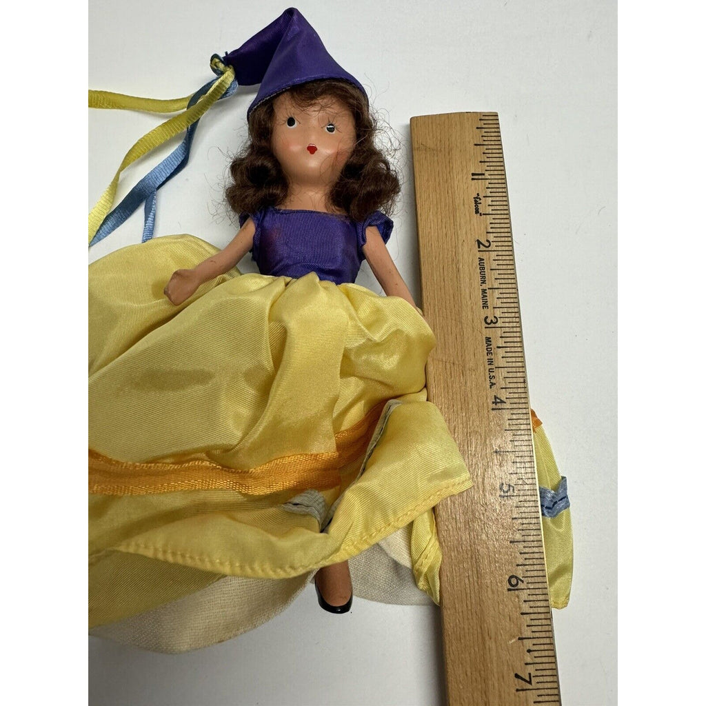 Vintage Nancy Ann Storybook Doll Yellow Dress w/Purple Hat 6"