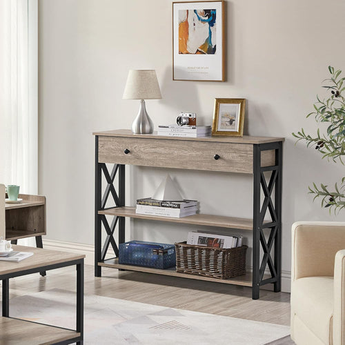 Console Table with Drawer, Entryway Table with 3 Tier Storage Shelves, Narrow Long Sofa Table for Entryway, Living Room, Hallway, Couch, Kitchen, Metal Frame, Gray