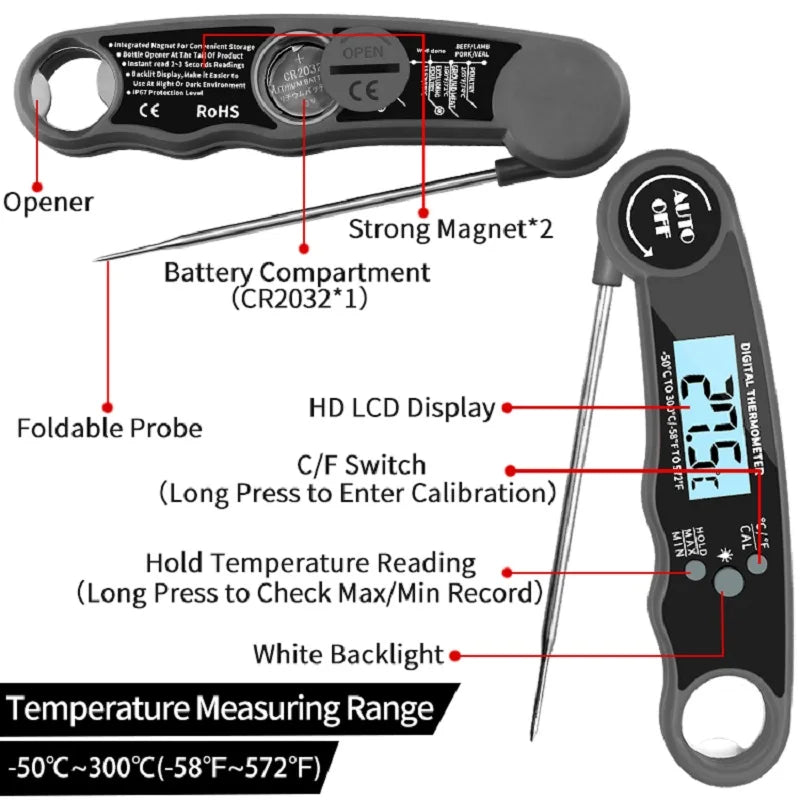Waterproof Digital Kitchen Food Thermometer Instant Read Meat Temperature Gauge for Cooking Grilling BBQ Milk & Water
