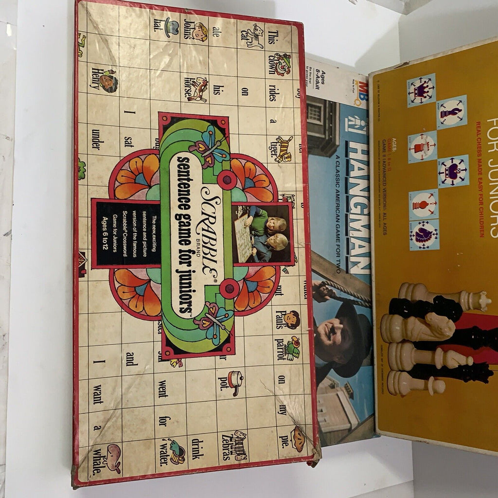 LOT OF 3 Vintage Hangman Board Game by Milton Bradley, Selright Chess, Scrabble