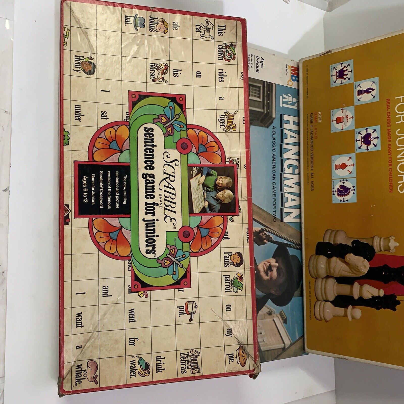 LOT OF 3 Vintage Hangman Board Game by Milton Bradley, Selright Chess, Scrabble