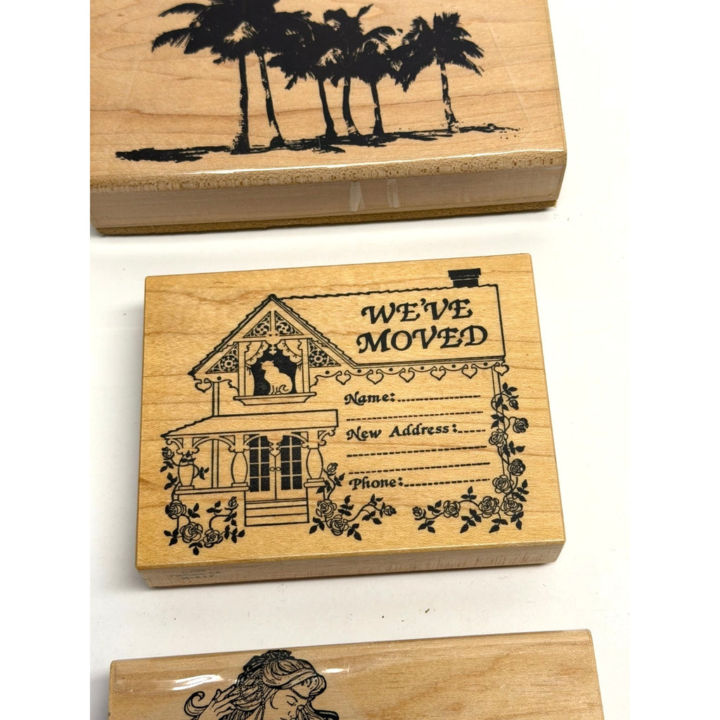 Vintage Lot Of 3 Wood Mounted Rubber Stamp Crafting