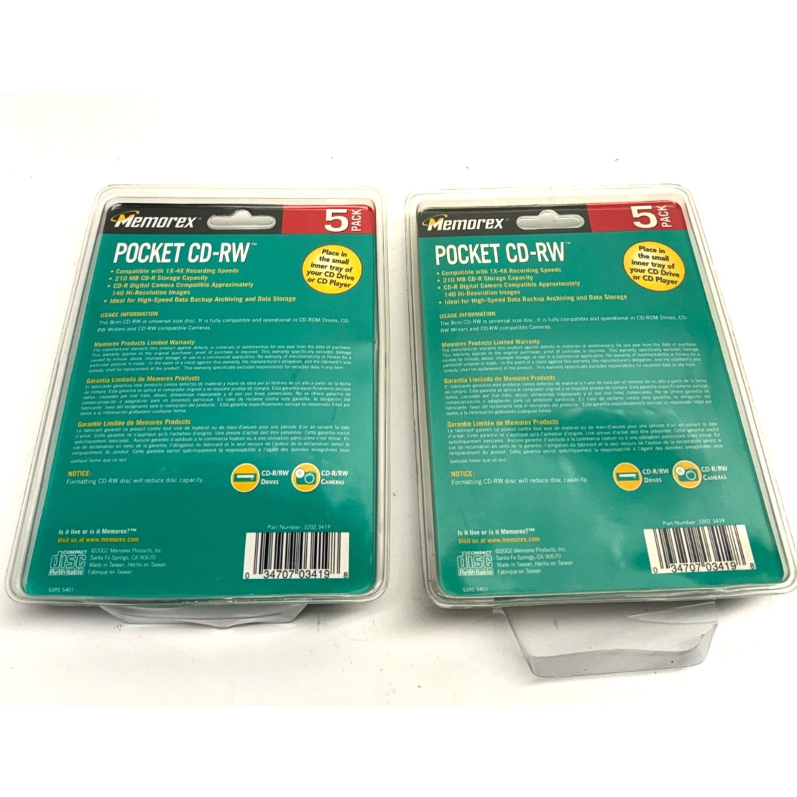 Vintage lot of 2 Memorex Pocket CD-RW 4x 210mb 24 Min 5 Pack - NEW
