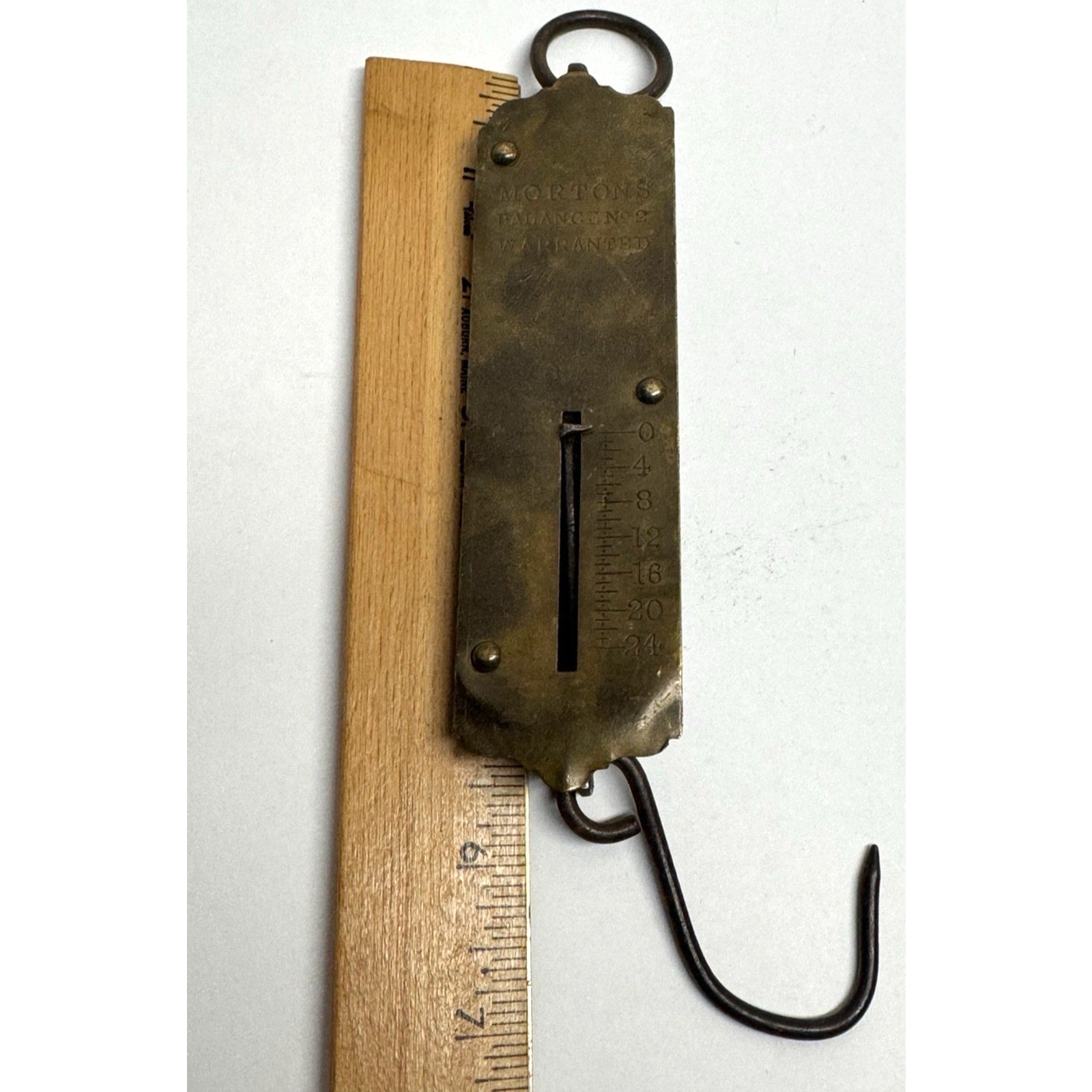 ANTIQUE MORTON'S BALANCE NO. 2 BRASS HANGING SCALE WEIGHS UP TO 24 POUNDS