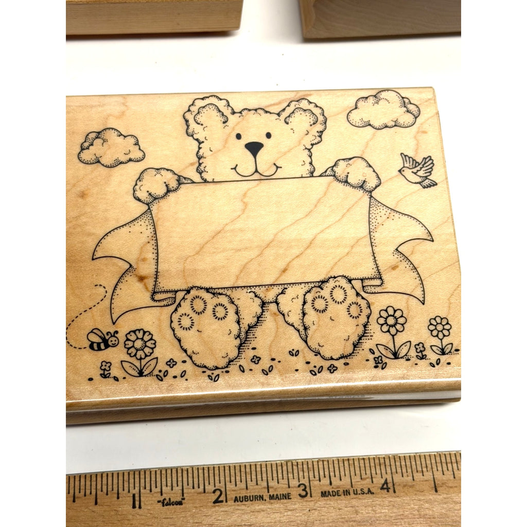 VTG Rubber Stamp Lot (3): Hero Arts Bear, Stampendous "Warmest Wishes", Floral