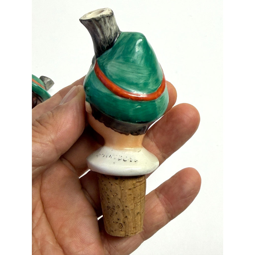 Vintage Bottle Stoppers Pourers Pair of German Porcelain HandPainted Liquor Wine