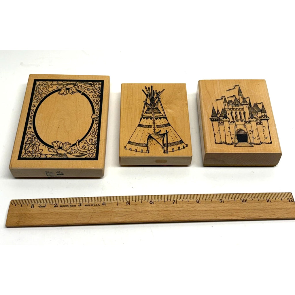 VINTAGE Lot of 3 Wood Mounted Rubber Stamps Teepee Castle & Ornate Frame - NEW!
