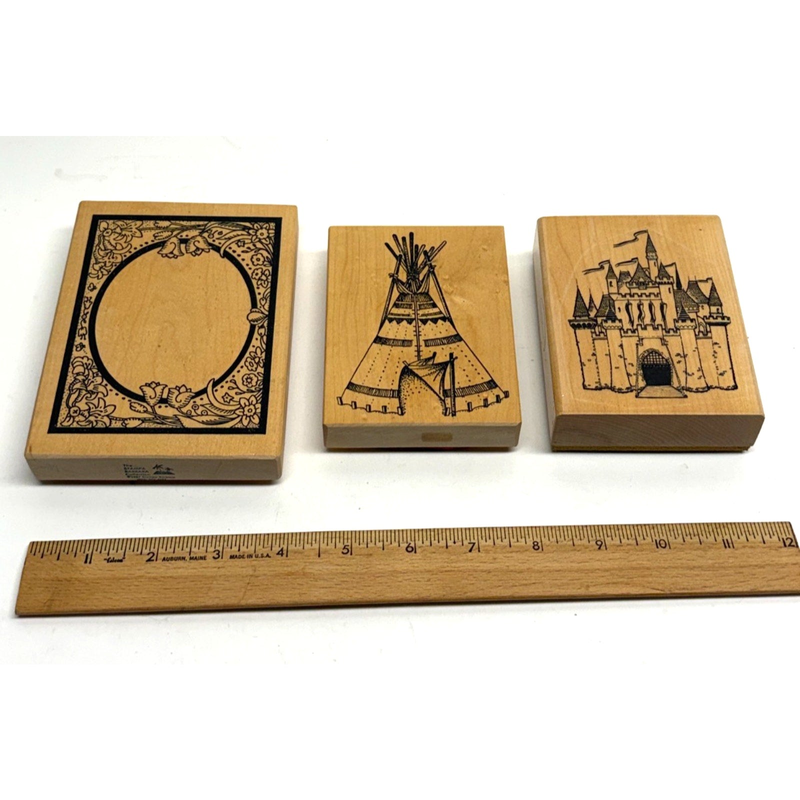 VINTAGE Lot of 3 Wood Mounted Rubber Stamps Teepee Castle & Ornate Frame - NEW!