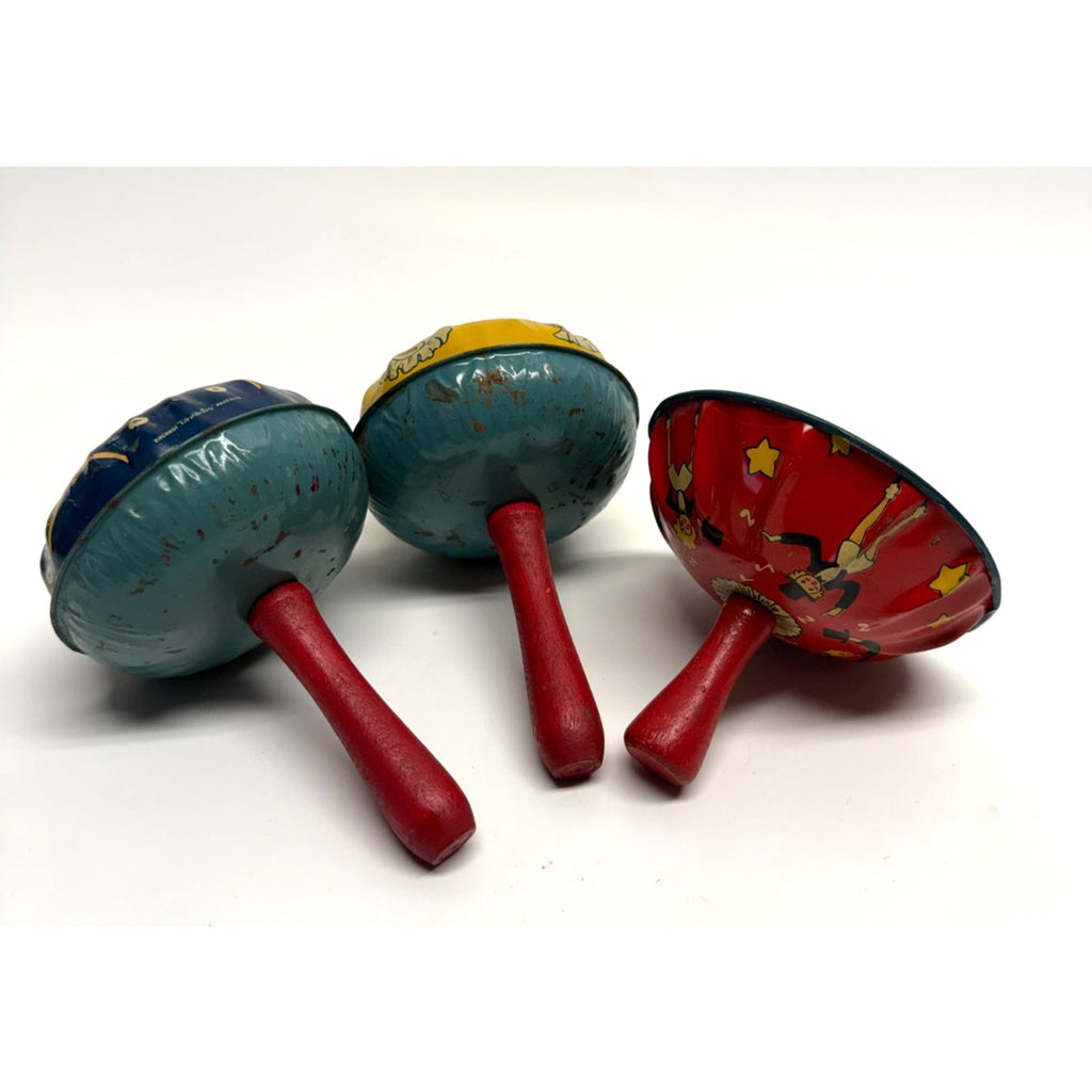 VTG Lot of 3 Kirchhof Tin Litho Noise Makers Rattle Wood Handle Made in USA