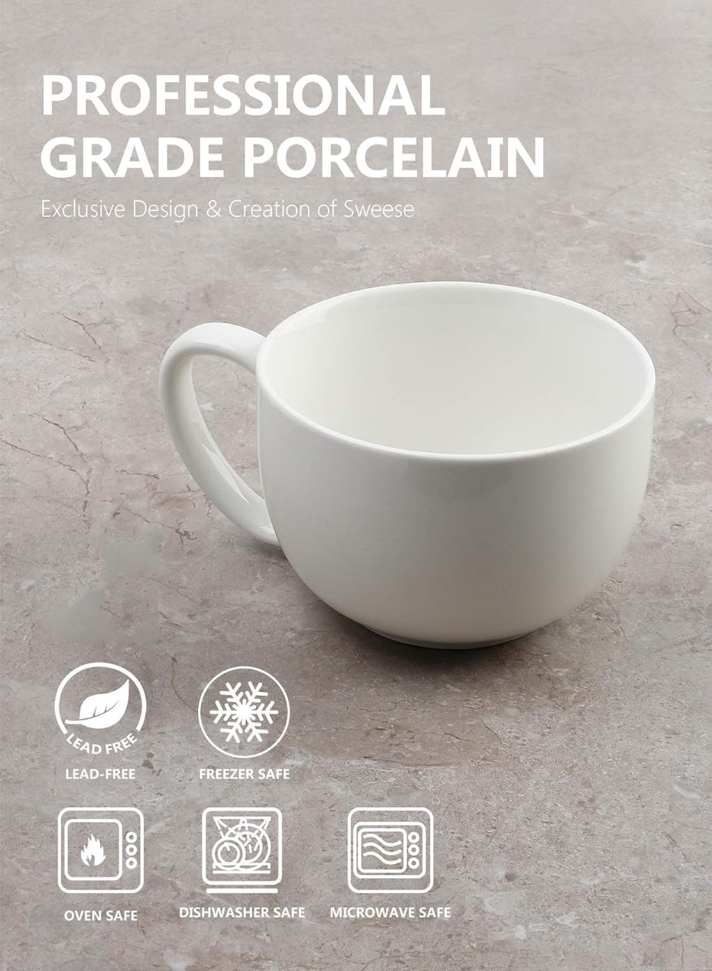 Porcelain 22Oz Large Coffee Mugs Set of 4, Large Soup Mug with Handles Perfect for Coffee, Tea, Hot Chocolate, Microwave Safe, White