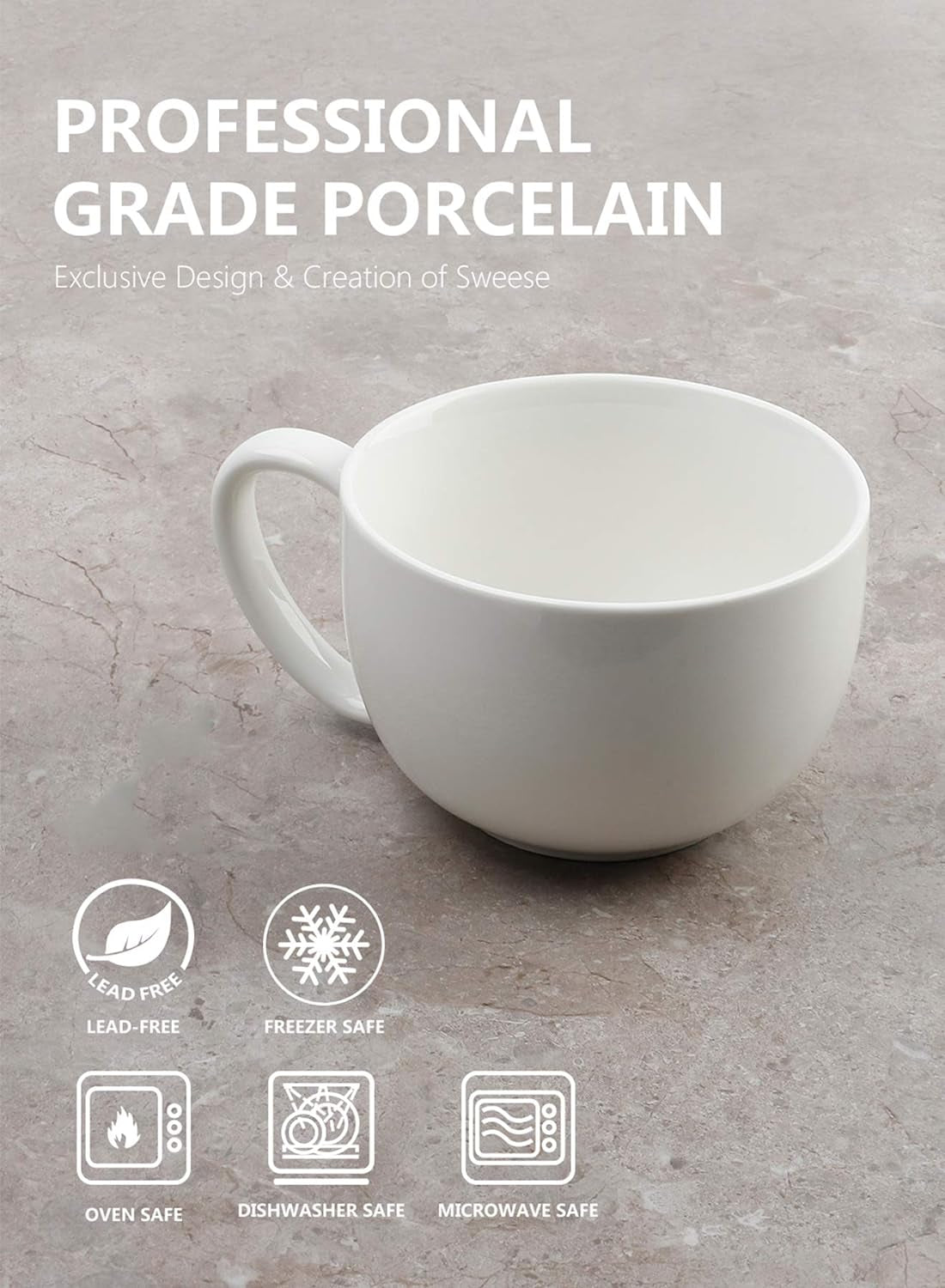 Porcelain 22Oz Large Coffee Mugs Set of 4, Large Soup Mug with Handles Perfect for Coffee, Tea, Hot Chocolate, Microwave Safe, White