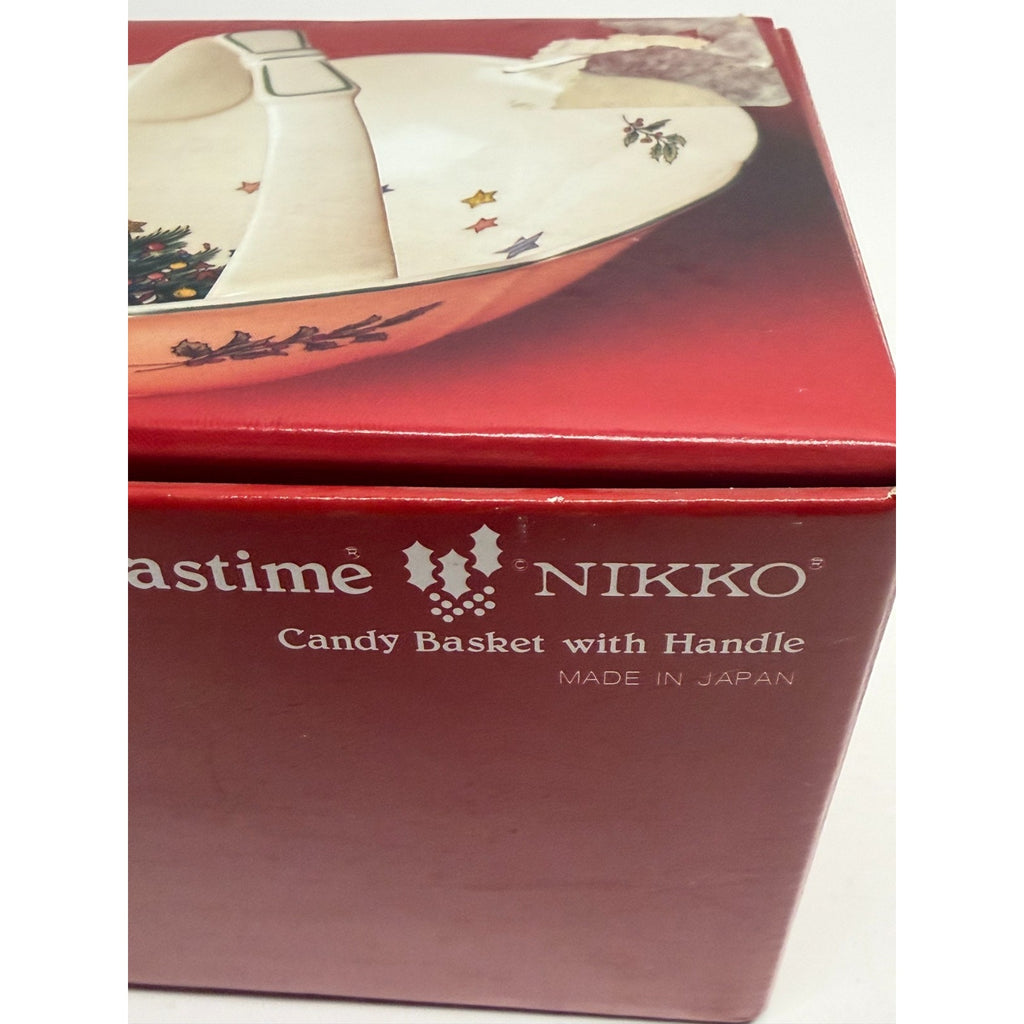 Vintage Nikko Christmastime Ceramic Candy Basket With Handle In Original Box