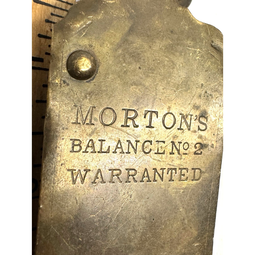 ANTIQUE MORTON'S BALANCE NO. 2 BRASS HANGING SCALE WEIGHS UP TO 24 POUNDS