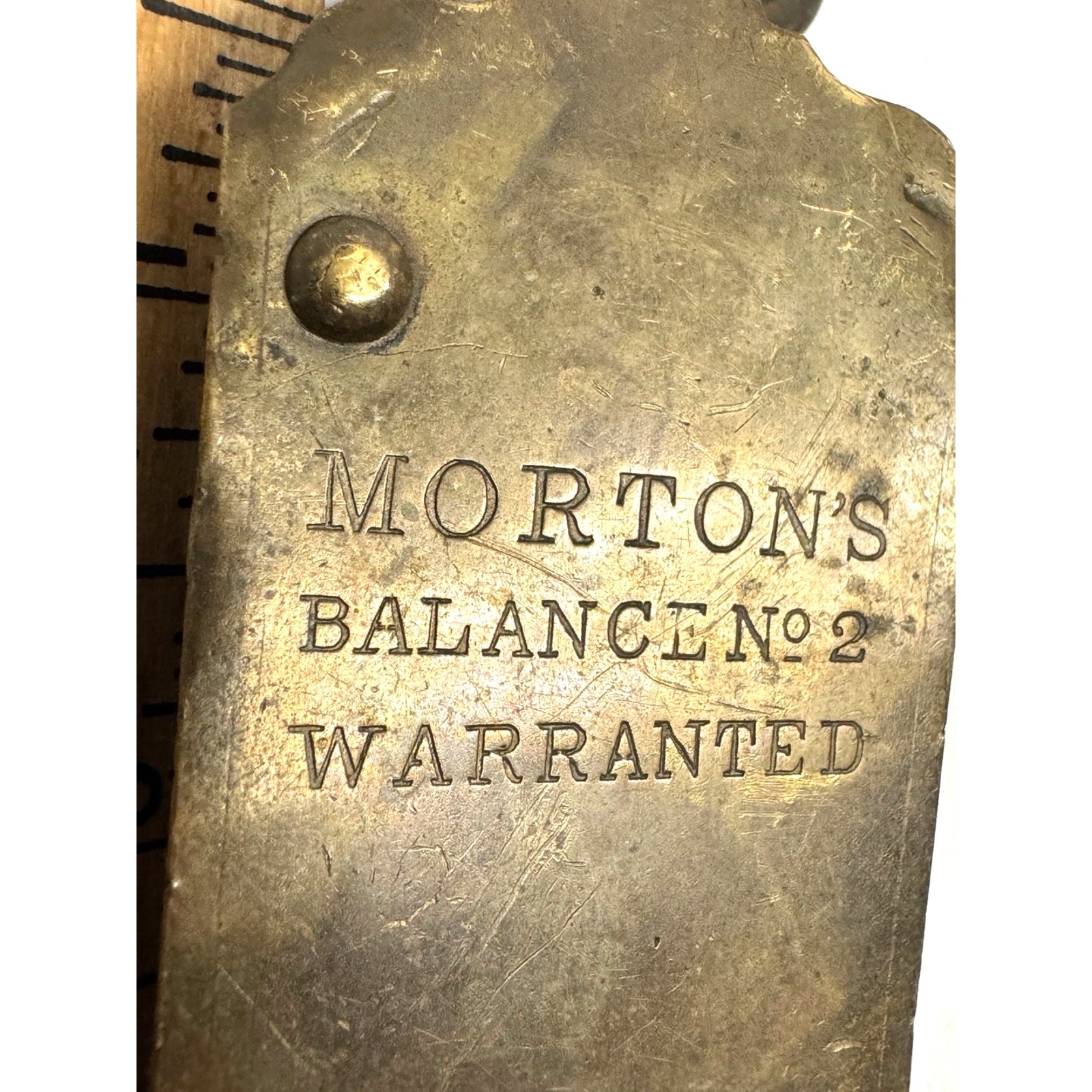 ANTIQUE MORTON'S BALANCE NO. 2 BRASS HANGING SCALE WEIGHS UP TO 24 POUNDS