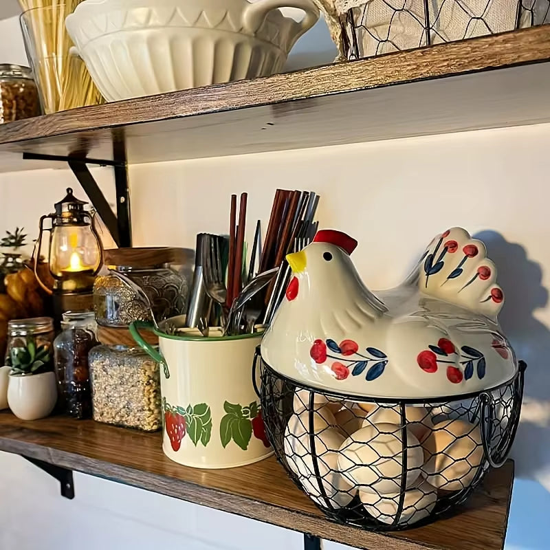 1Pc Farmhouse Hen-Shaped Ceramic Egg Baske -Ceramic Egg Holder with Lid,Rustic Kitchen Organizer for Fruits/Veggies