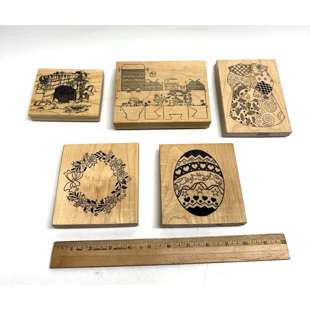 Vintage Lot of 5 NOS Wood Mount Rubber Stamp Land Scape, Rabbits and More