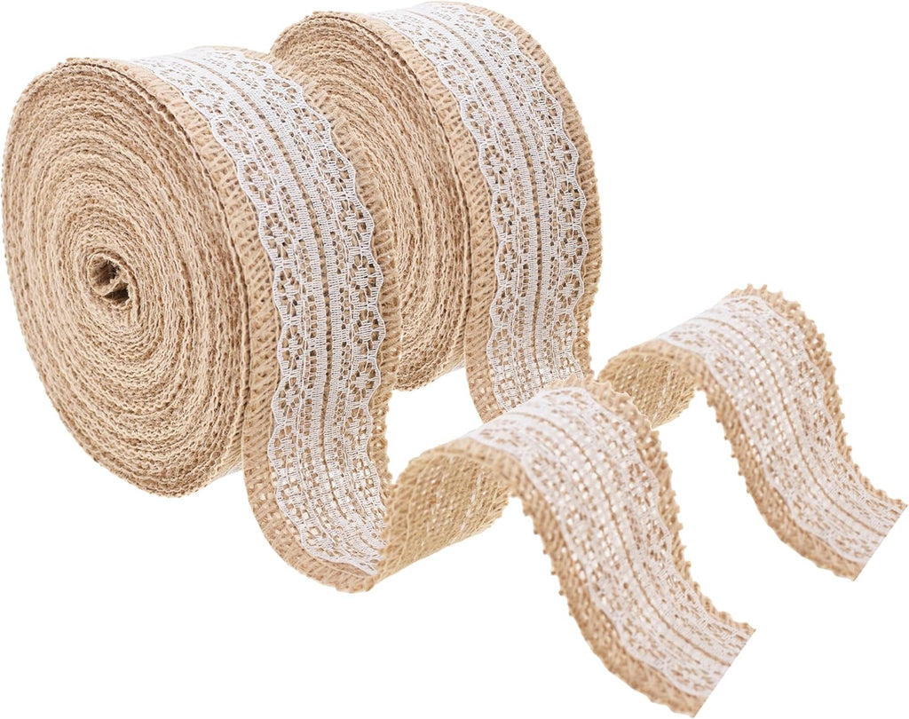 Burlap and Lace Ribbon 1 Inch Wide Jute Ribbons for Crafts - 20 Yds Roll Rustic Burlap Wrap Trim Ribbons for Wreaths Bows Wedding Party