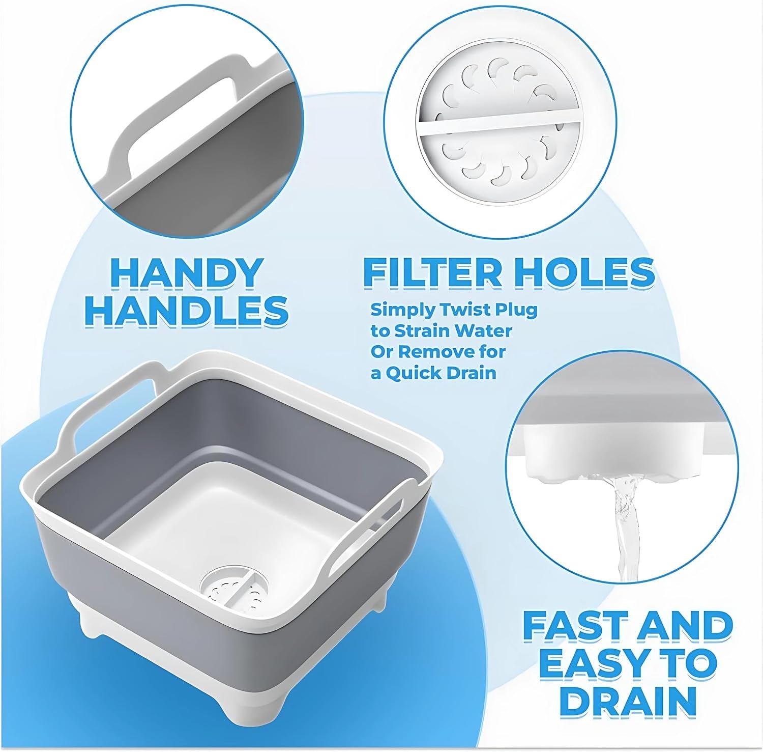 Collapsible Wash Basin with Drain Plug - 2.4 Gal(9L) Wash Basin for Baby Bottles, Foldable Dish Pans for Kitchen Sink & Camping & Hand Washing Station, Wash Bin, Laundry Tub, Portable Dish Tub