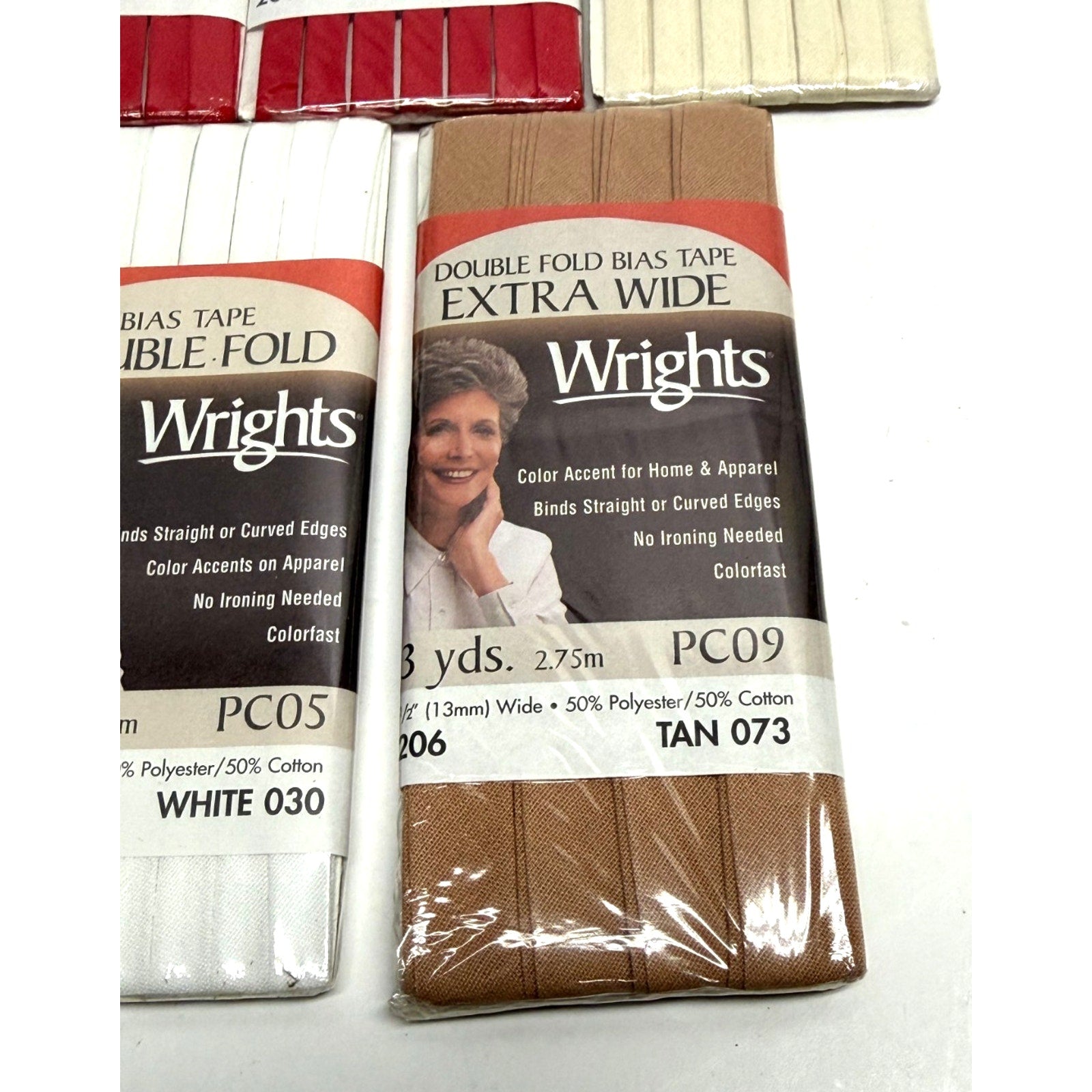 Vtg Lot of 7 Wrights Bias NEW Double Fold & Extra Wide Scarlet Oyster Tan White