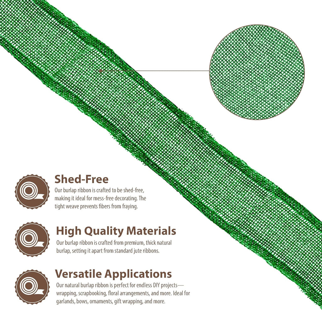 Green Burlap Wired Ribbon 1.5 Inches Wide Jute Ribbons for Crafts - 10 Yds Roll Rustic Burlap Wrap Trim Ribbons for Wreaths Bows Party Decoration