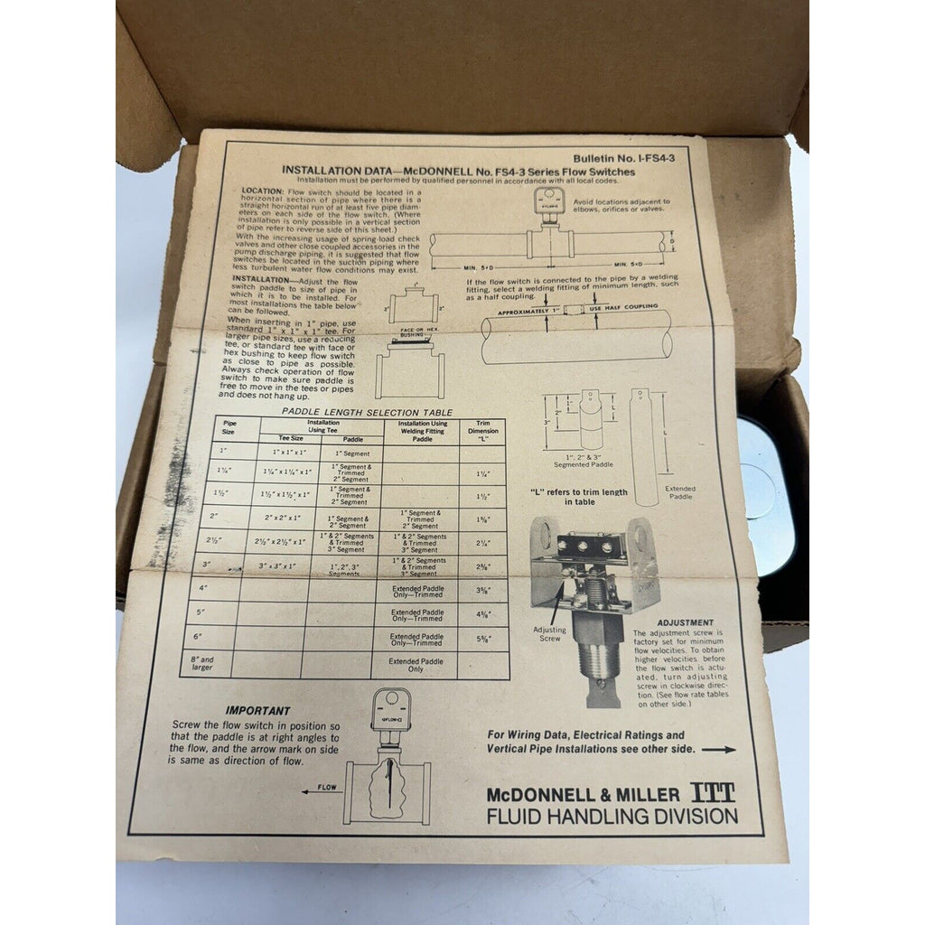 VINTAGE NOS McDonnell & Miller Series FS4-3 Liquid Flow Switch 114400