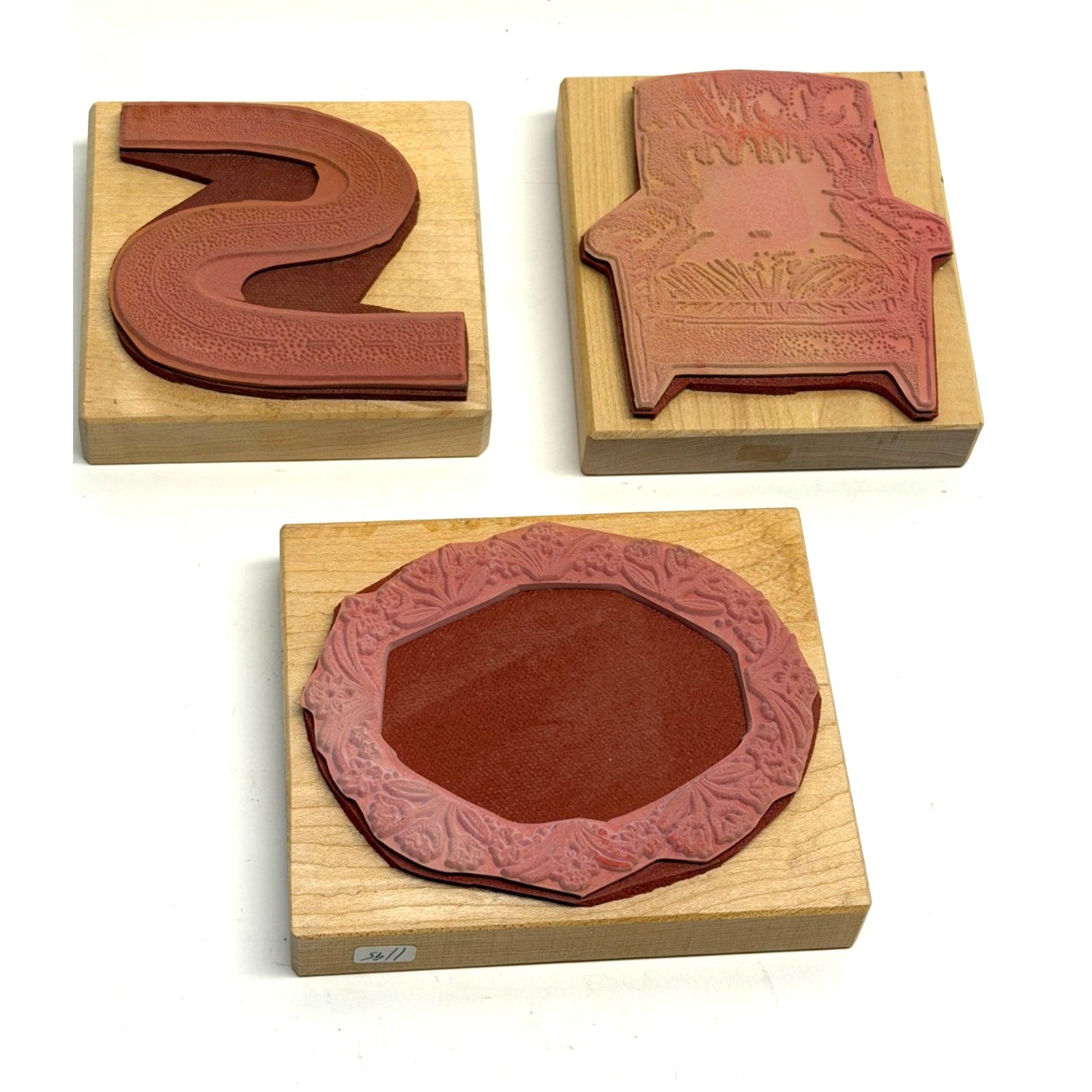 VINTAGE LOT of 3 Wood Mounted Rubber Stamps Road Chair Wreath Arts Crafts
