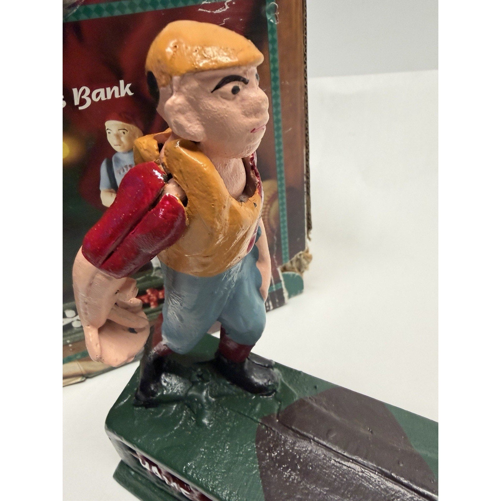 Vintage NOS "Hometown Battery" Baseball Possuns Cast Iron Mechanical Coin Bank