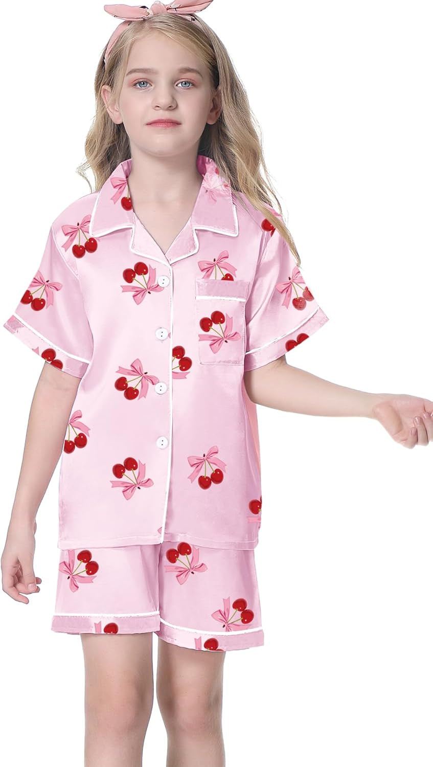 Women & Girls Pajamas Set, Soft Satin Lightweight Silk Button-Down Top with Shorts 2 Piece PJS for Mom Boys Kids Gifts