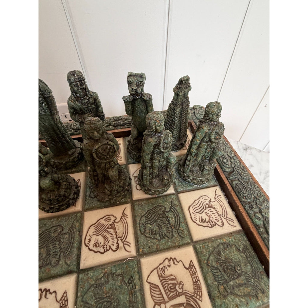 VINTAGE Aztec Mayan Dragon Chess Set Rare Collectible Green Chess Board & Pieces