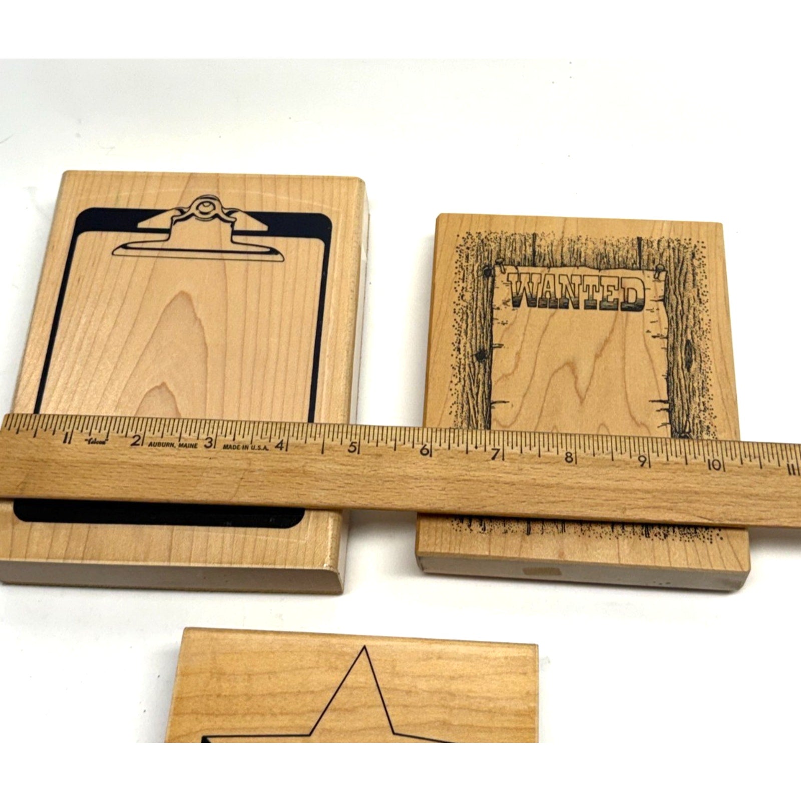 VINTAGE NEW Lot of 3 Wood Rubber Stamps: Clipboard, Wanted Poster, Star