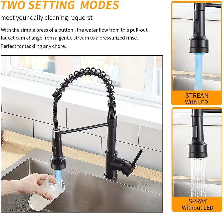 Kitchen Faucet with Sprayer Single Handle Pull down Sprayer Spring Matte Black Kitchen Sink Faucet with LED Light 9005R