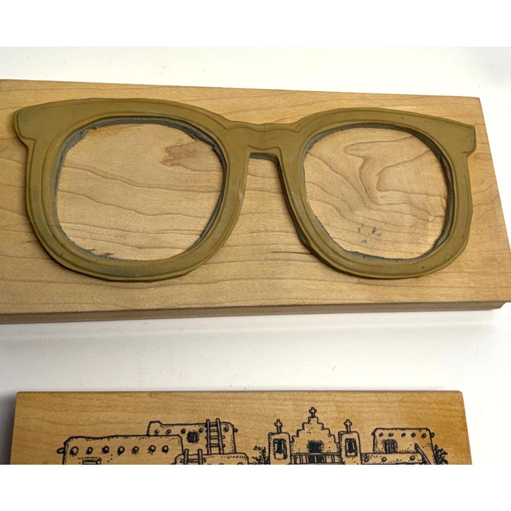 Vintage NOS Lot of 3 Wood Mounted Rubber Stamp Eyeglasses & Landscape
