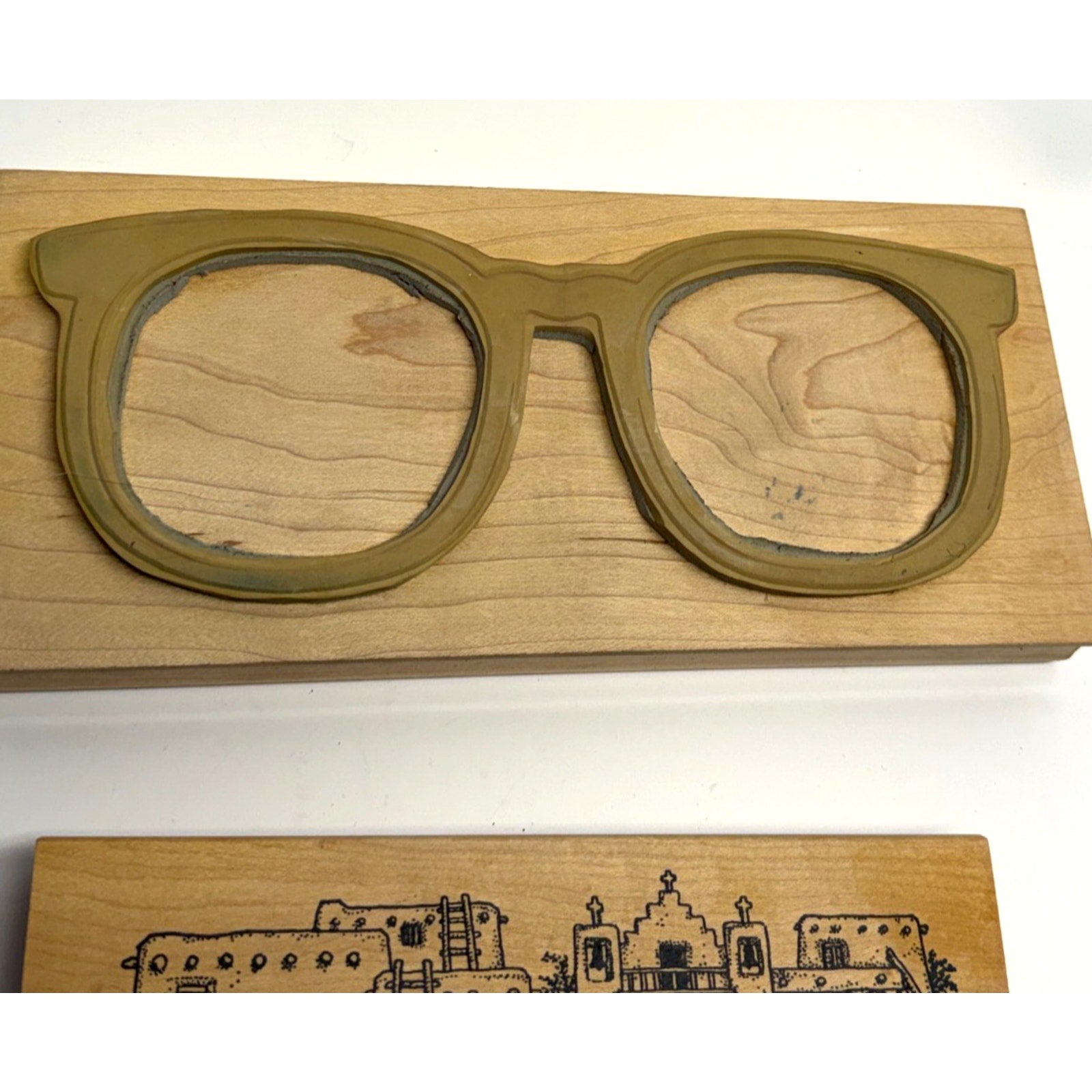 Vintage NOS Lot of 3 Wood Mounted Rubber Stamp Eyeglasses & Landscape