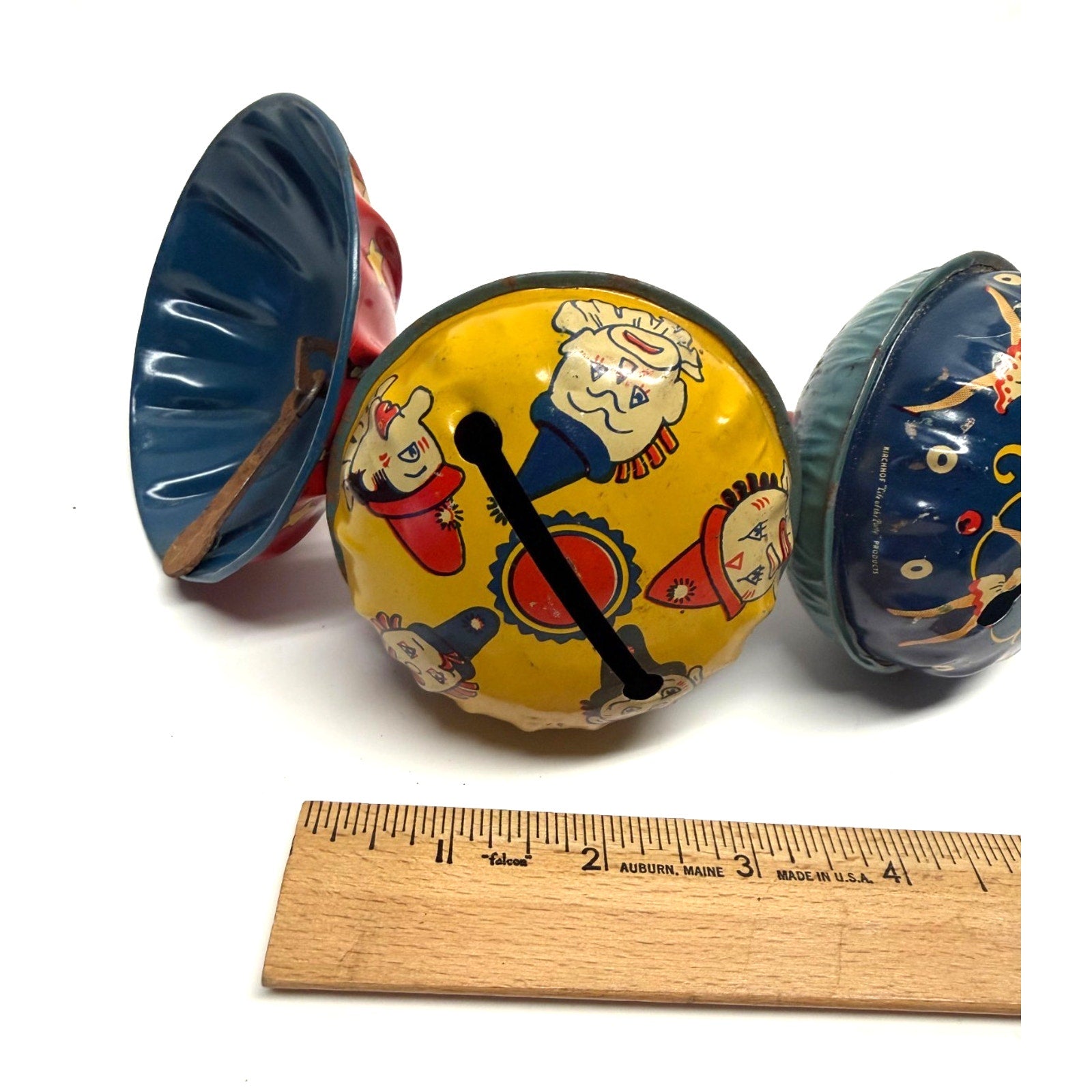 VTG Lot of 3 Kirchhof Tin Litho Noise Makers Rattle Wood Handle Made in USA